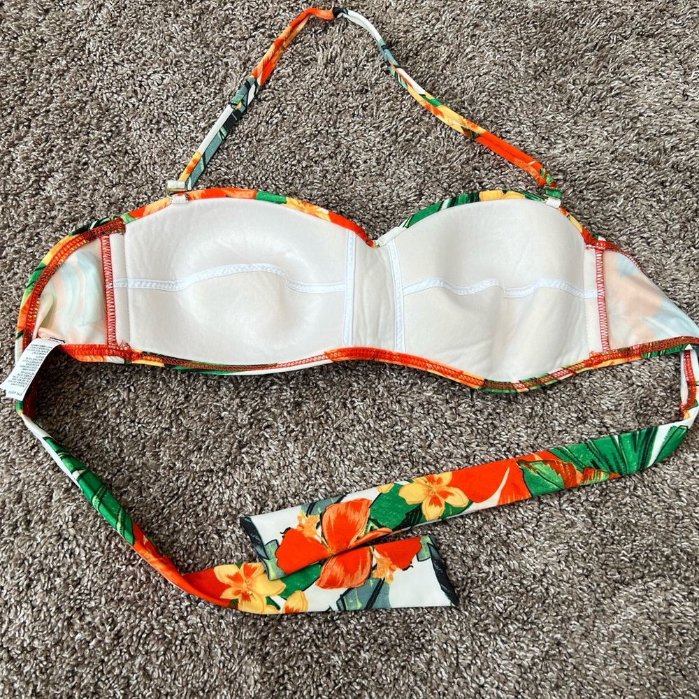 Athena Orange Green Floral Bandeau Bikini Swim Top 10 Tie Back Tropical Beach - Picture 4 of 8